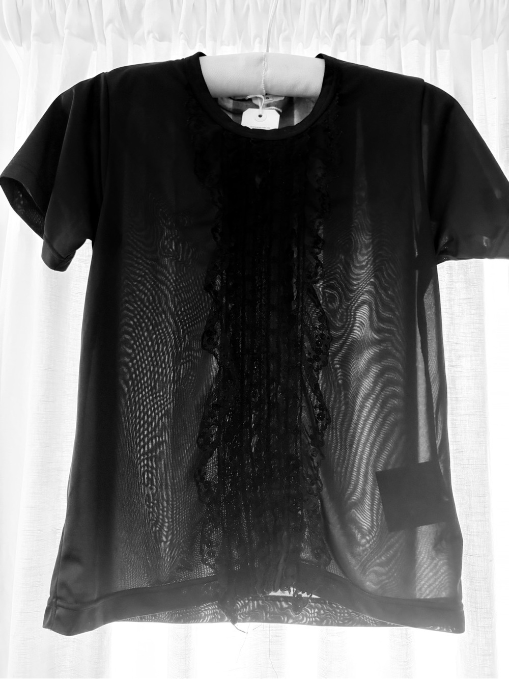 Comme des Garcons Black Sheer Short Sleeve Top with Lace Ruffle